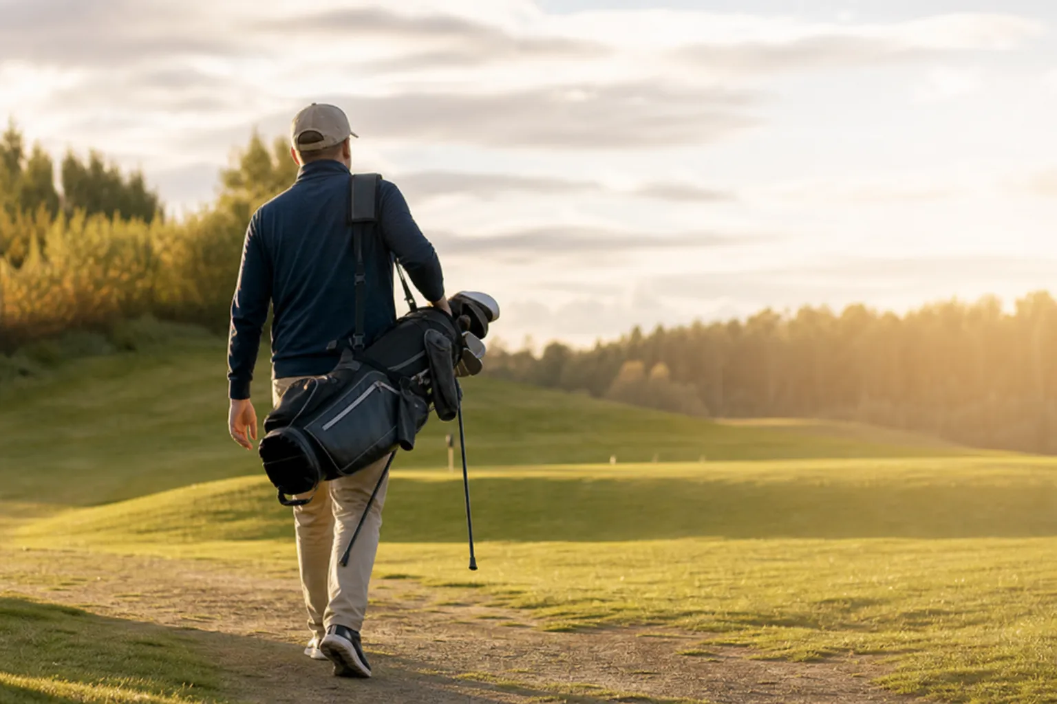 Golfare som bär en lätt bärbag med utfällda stativben