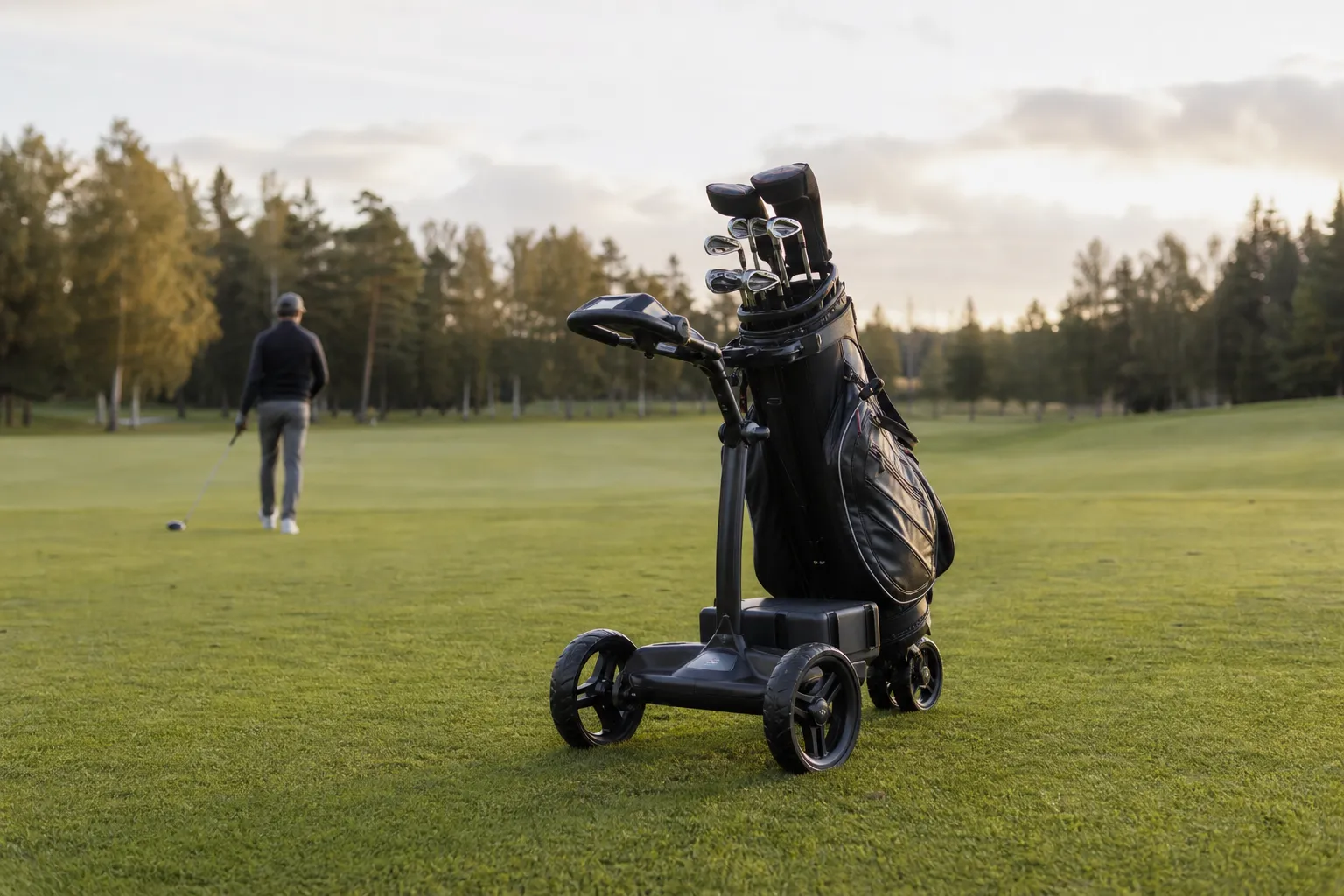 Eldriven golfvagn med batteripack synligt vid basen, uppställd på en golfbana