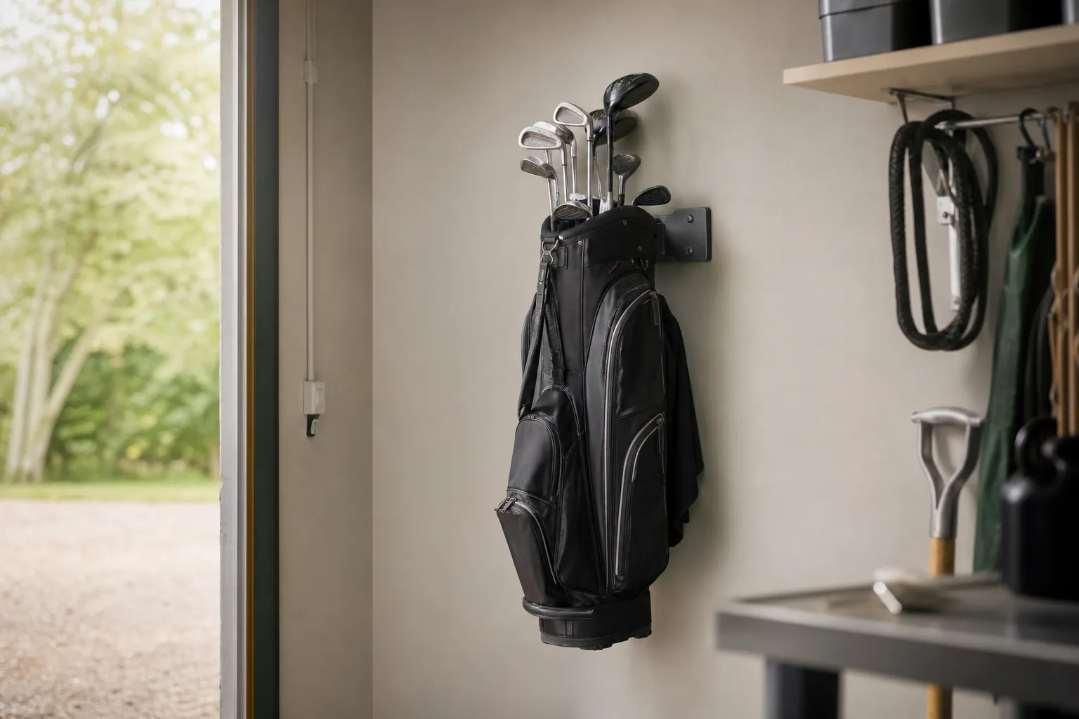 Golfbag som hänger torrt och ordnat på en väggmonterad hållare i ett förråd