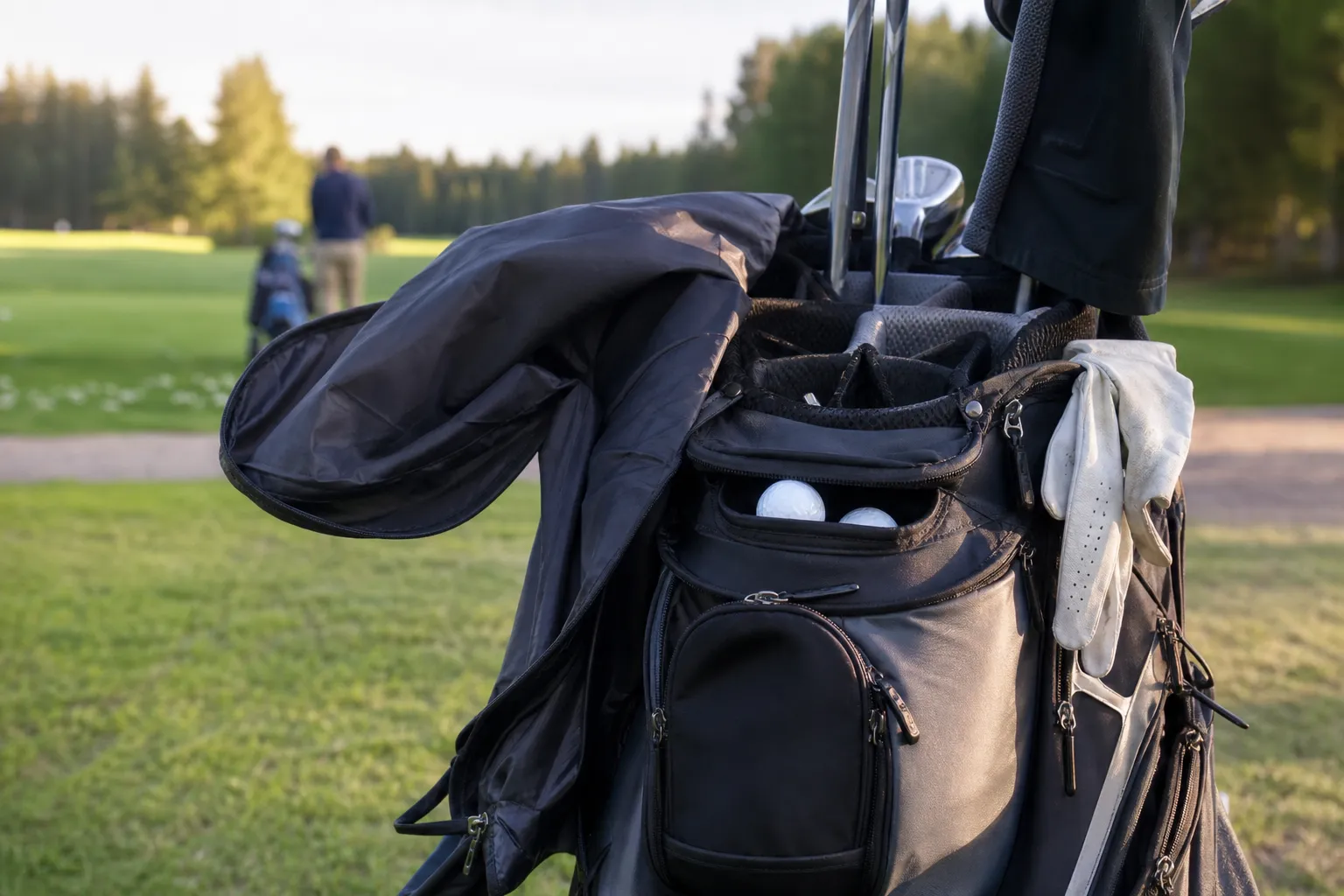 Golfbag med fickor, avdelare och väderskydd som exempel på tillbehör