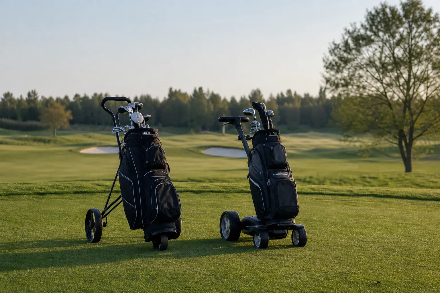 Manuell golfvagn och eldriven golfvagn uppställda sida vid sida