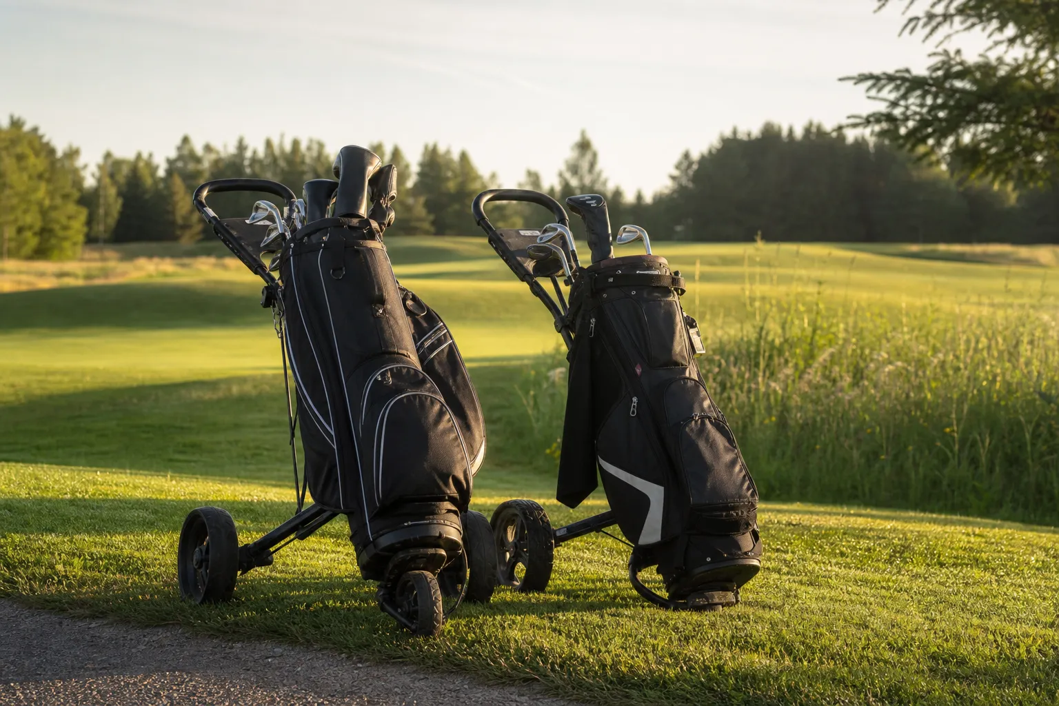 Bärbag och vagnbag uppställda bredvid varandra på en golfbana