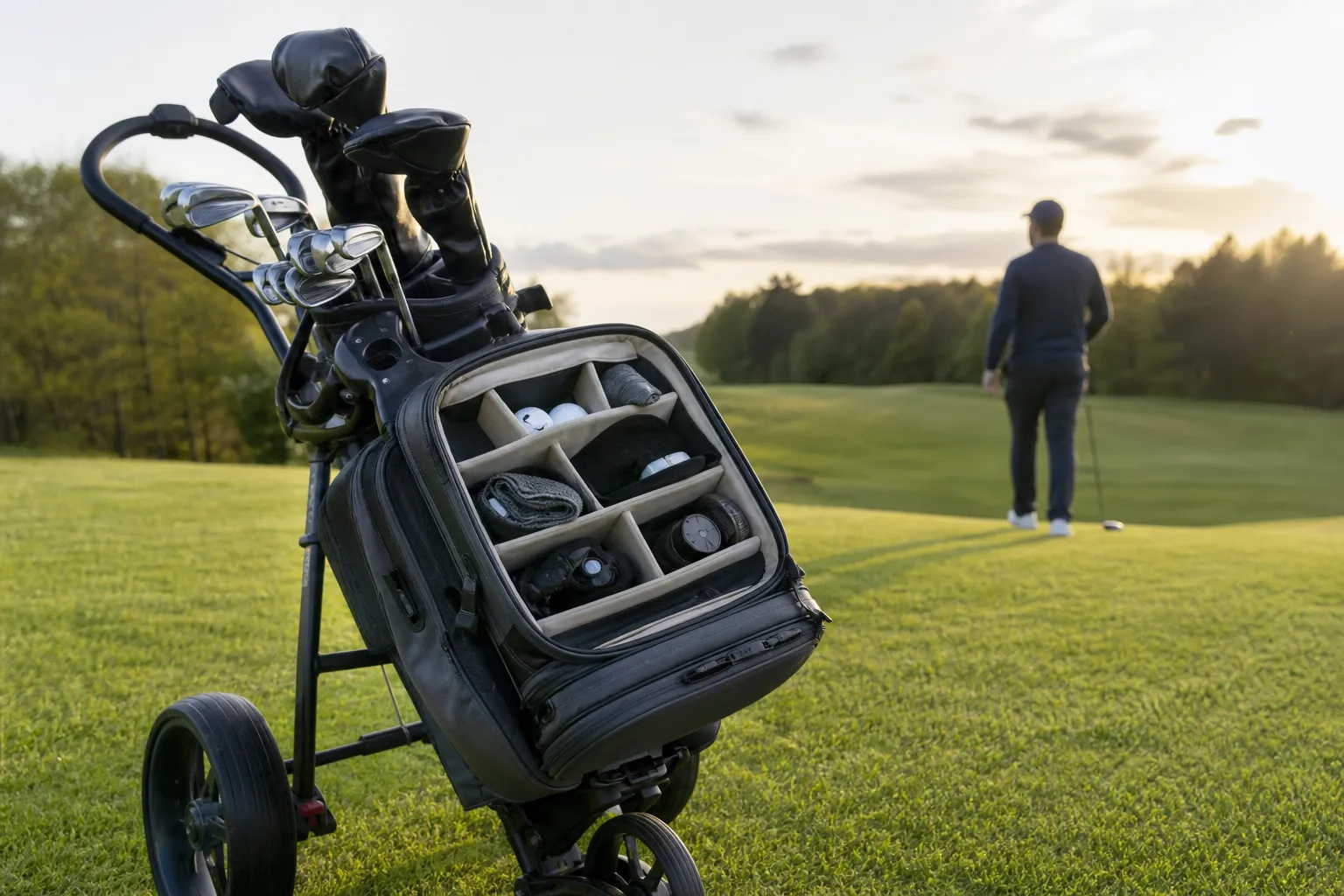 Vagnbag fastspänd på en golfvagn med öppna fack