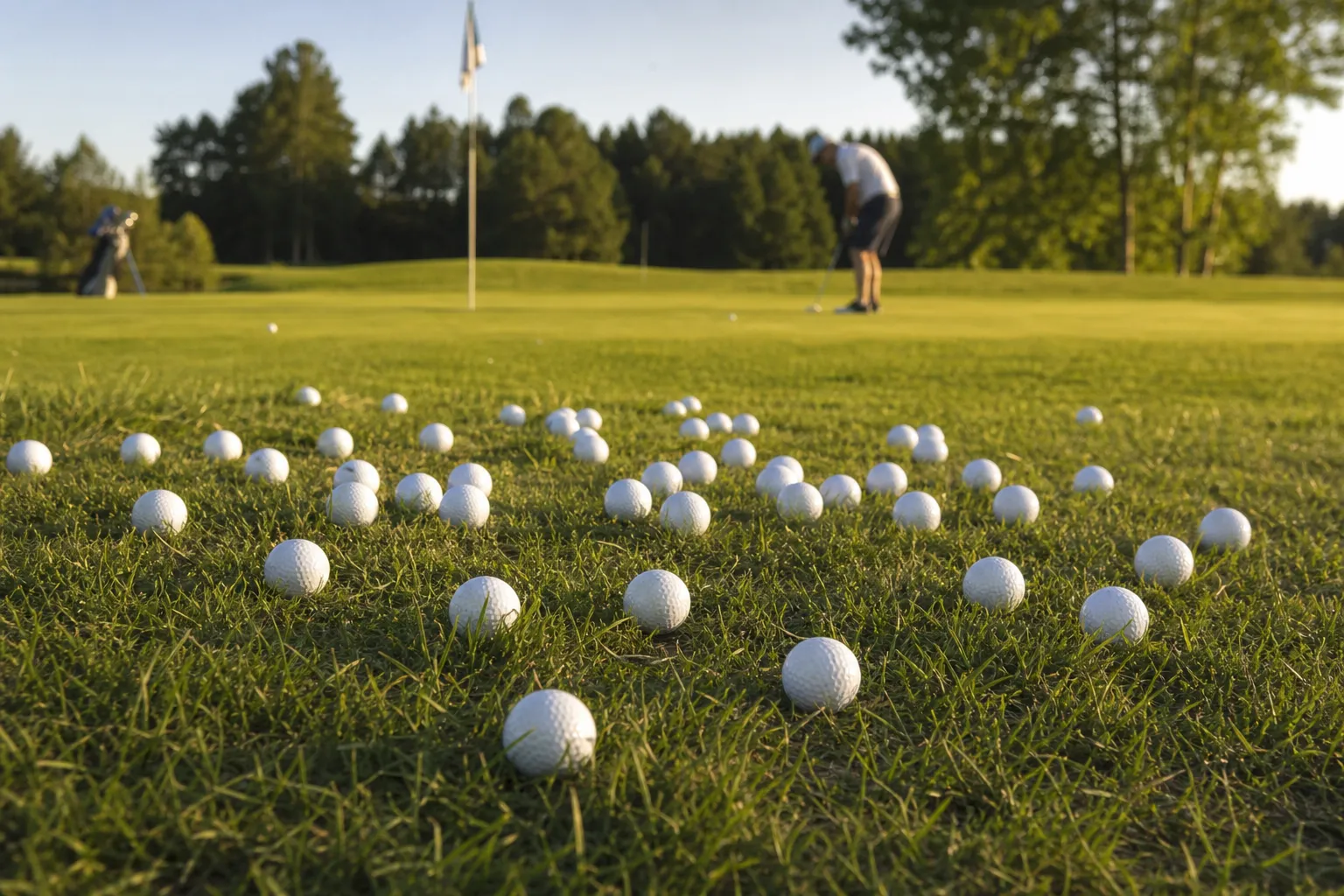 Flera dussin golfbollar av olika märken utspridda i gräset nära en green