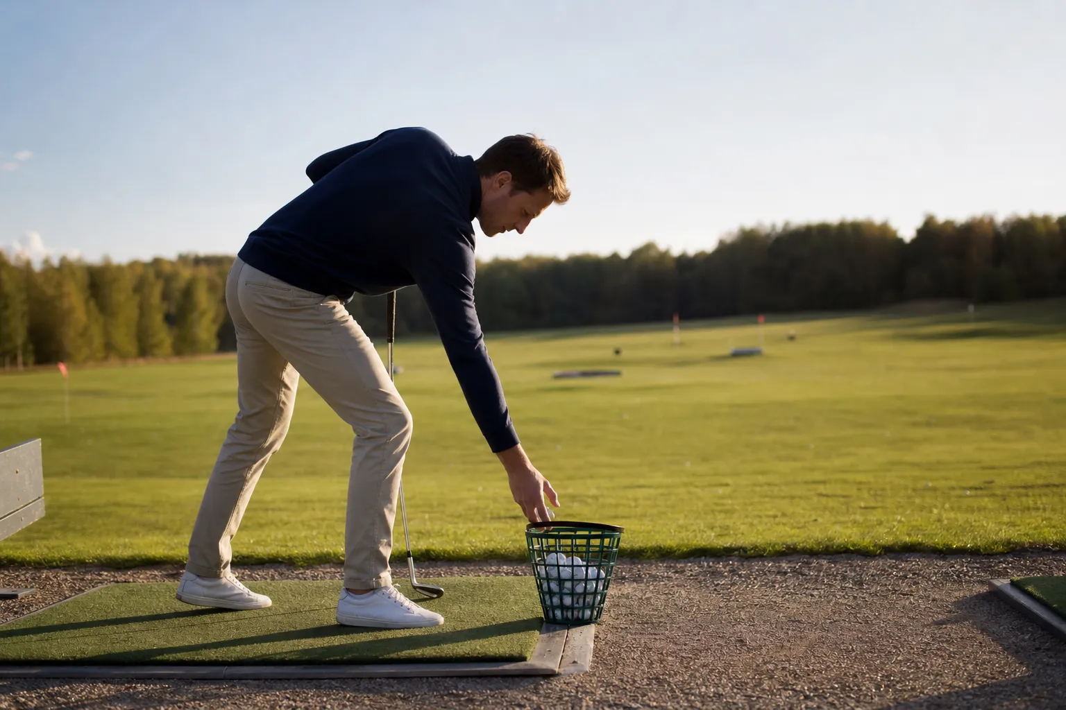 En nybörjare plockar upp en golfboll ur en hink med bollar på en driving range