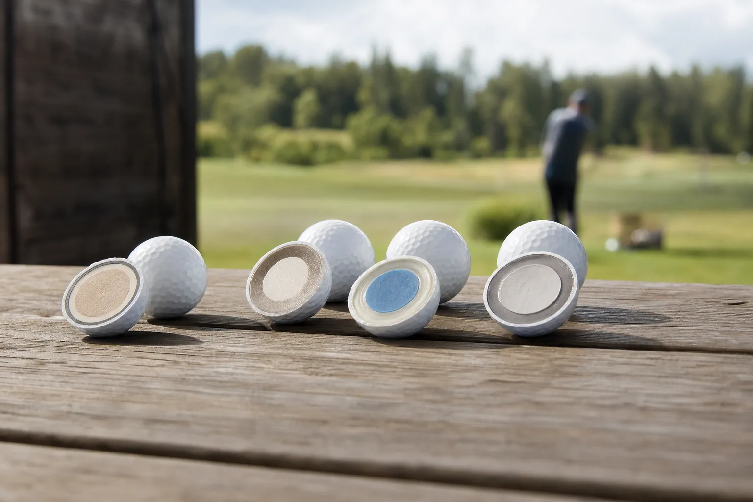 Flera golfbollar uppradade på ett bord, några uppskurna för att visa skal och kärna