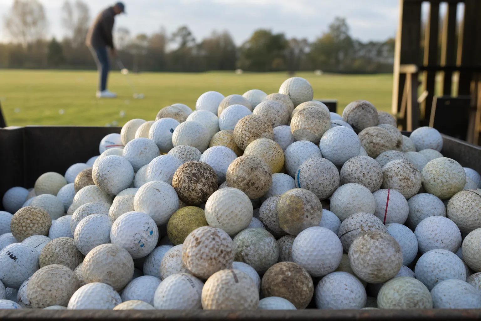Hög med återvunna golfbollar i olika skick, redo att sorteras efter kvalitet