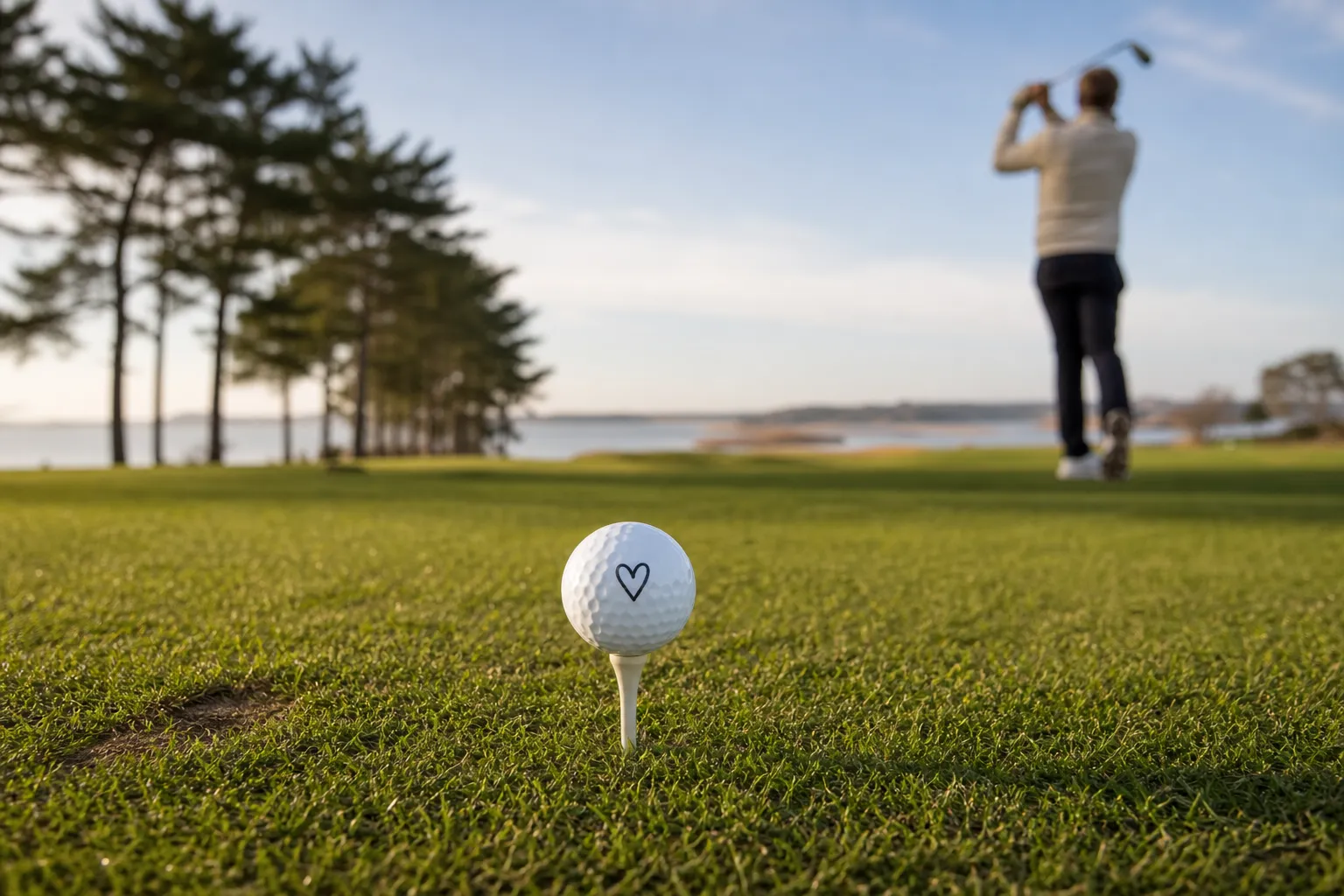 Golfboll med personligt tryck som ligger på en tee, redo att slås
