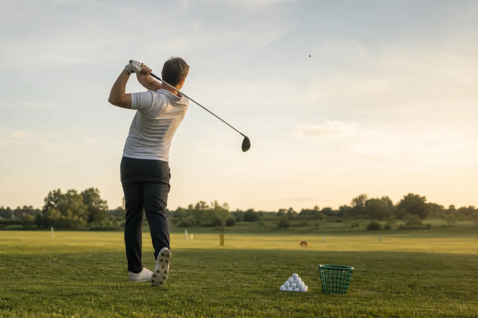 Golfare i uppsving på drivingrange, representativ bild för golfboll och svinghastighet