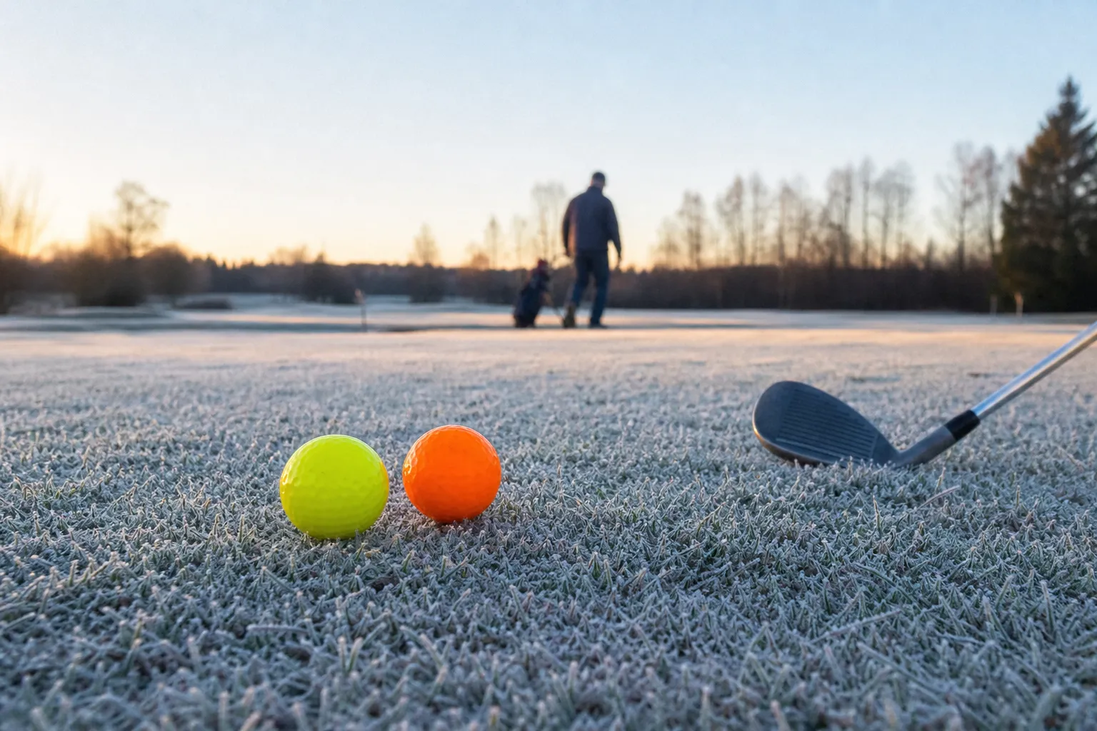 Starkt färgade golfbollar i orange och gult som ligger synliga mot frostigt gräs