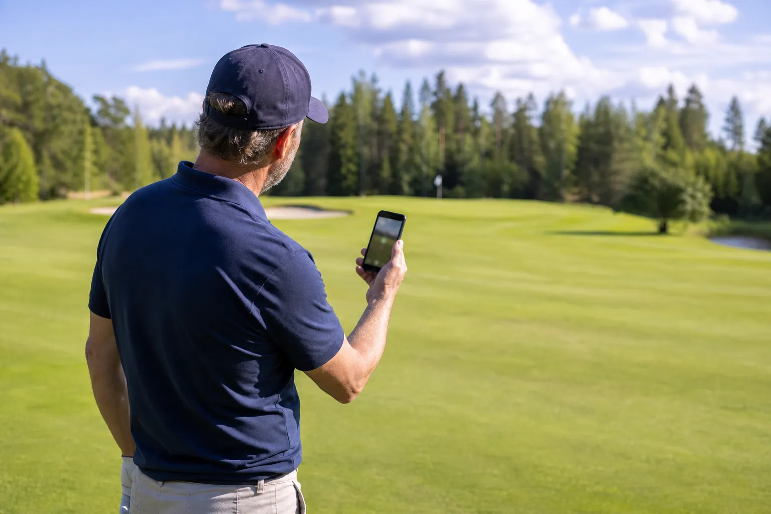 Golfare håller upp mobilen med en golfapp öppen medan hen står på fairway