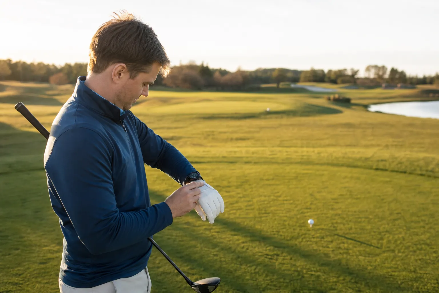 Golfare kontrollerar inställningarna på sin golfklocka innan en tävlingsrond