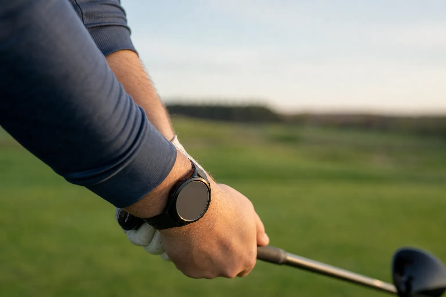 Golfare med gps-golfklocka på handleden precis innan ett slag