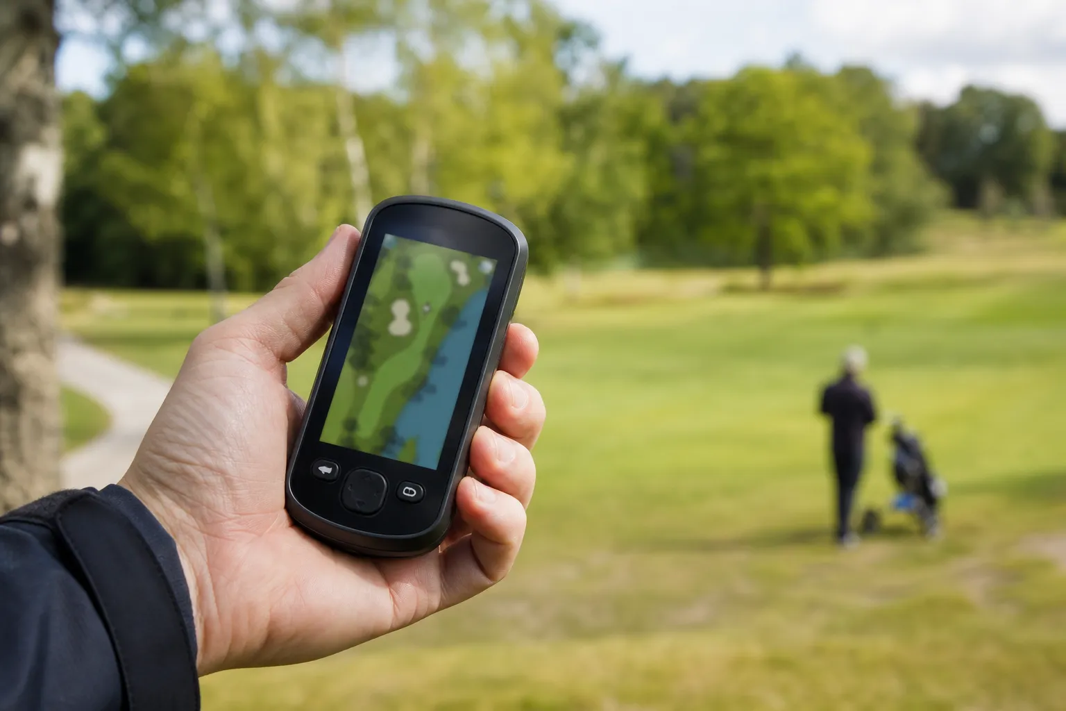 Handhållen gps-avståndsmätare visas fram med skärmen synlig på en golfbana