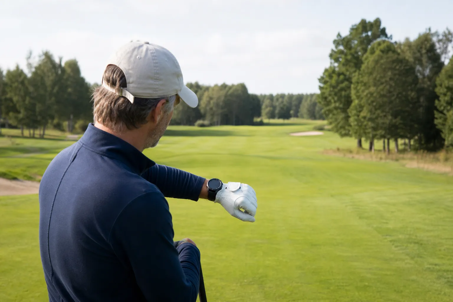 Golfare tittar på en golfklocka med gps medan hen står på fairway och siktar mot green