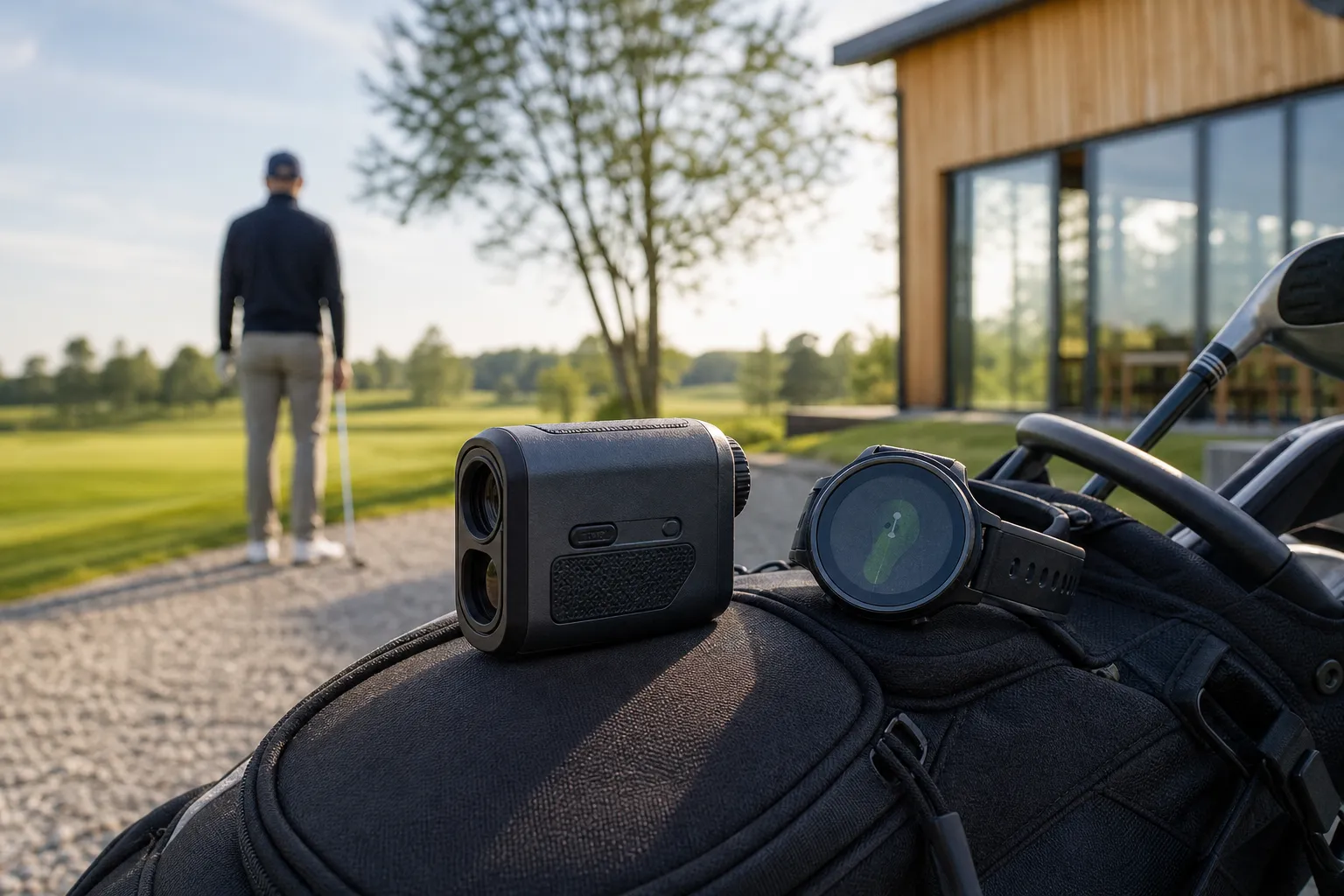 En laseravståndsmätare och en gps-golfklocka bredvid varandra på en golfbag