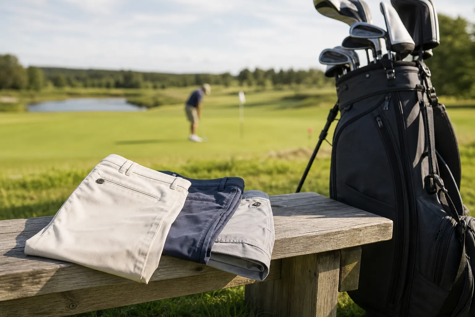 Golfbyxor och golfshorts i stretchmaterial upplagda bredvid en golfbag på en solig golfbana
