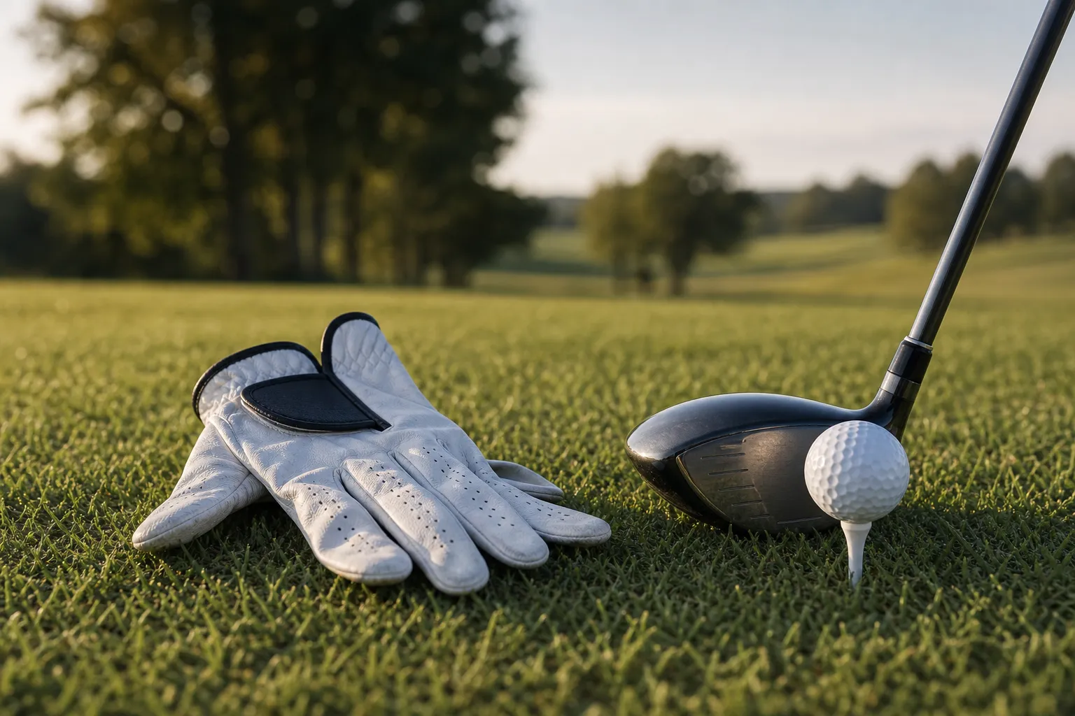 En golfhandske i läder som ligger uppvikt bredvid en golfklubba på en tee