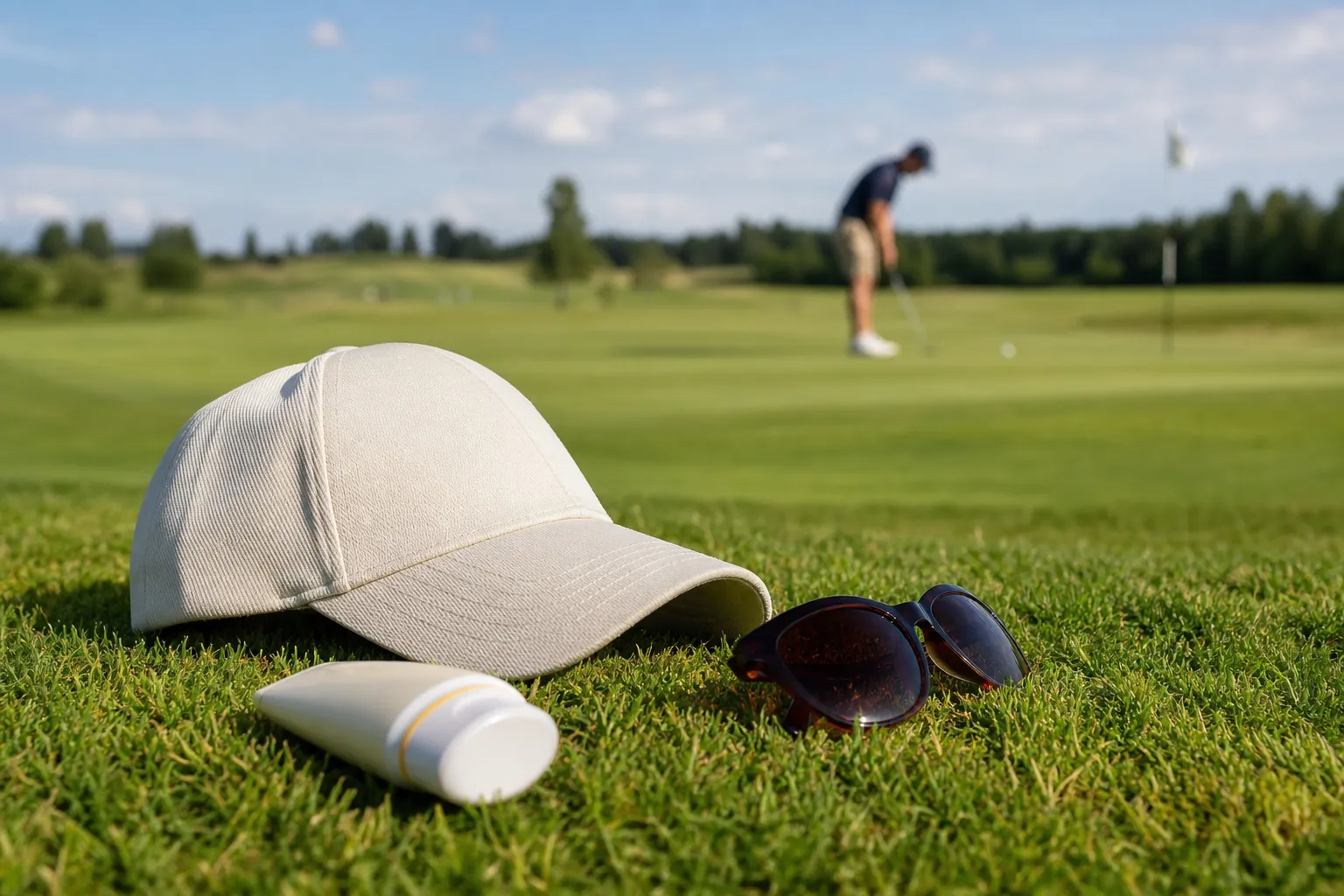 En golfkeps med solskärm som ligger bredvid solglasögon och solskyddsmedel på en golfbana