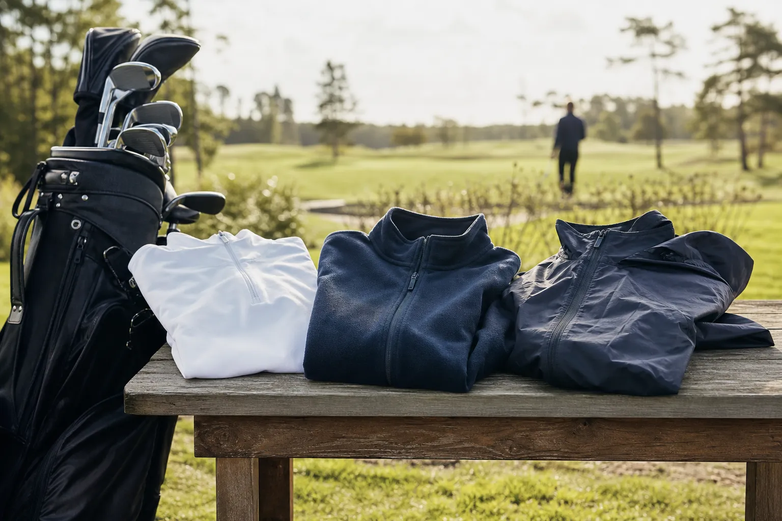 Golfkläder i tre lager, baslager, fleece och regnjacka, upplagda bredvid en golfbag