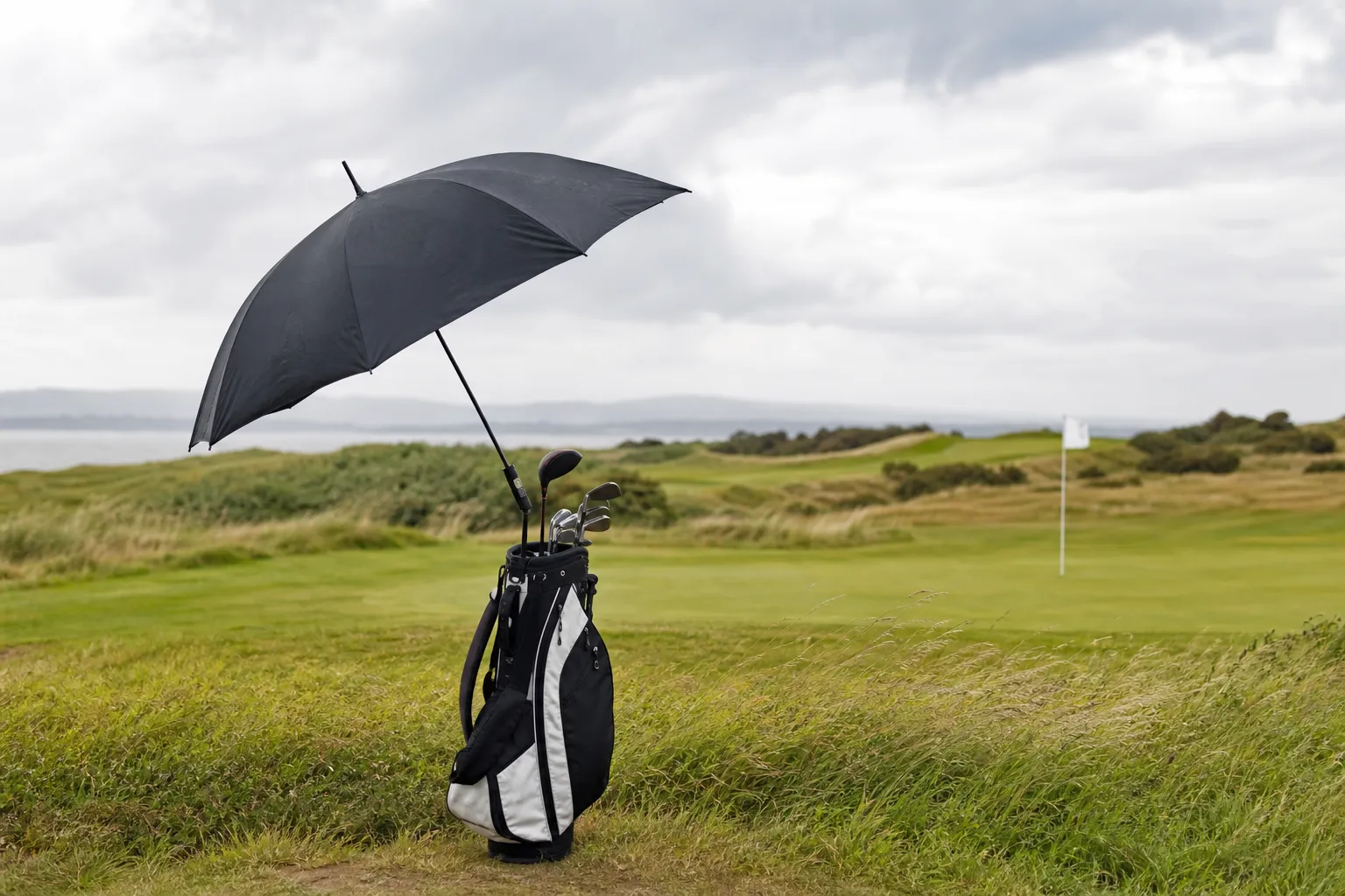 Ett stort golfparaply uppfällt bredvid en golfbag på en blåsig golfbana