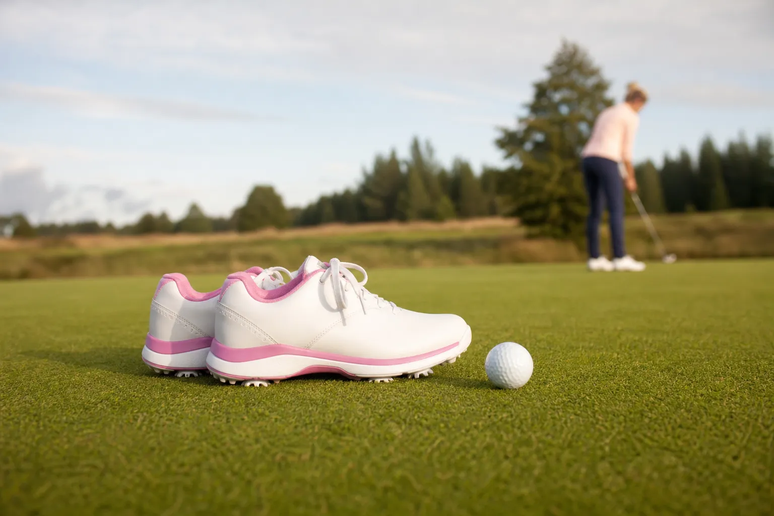 Ett par damgolfskor i vitt och rosa placerade på green intill en golfboll