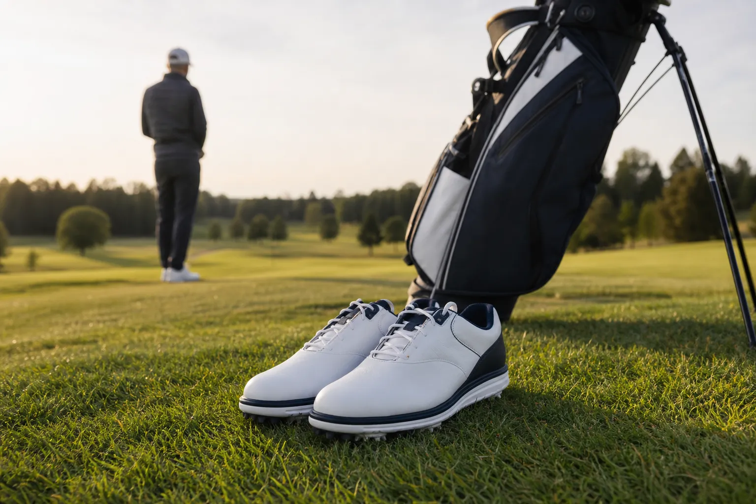 Ett par golfskor för herr i vitt och marinblått som står på en tee intill en golfbag