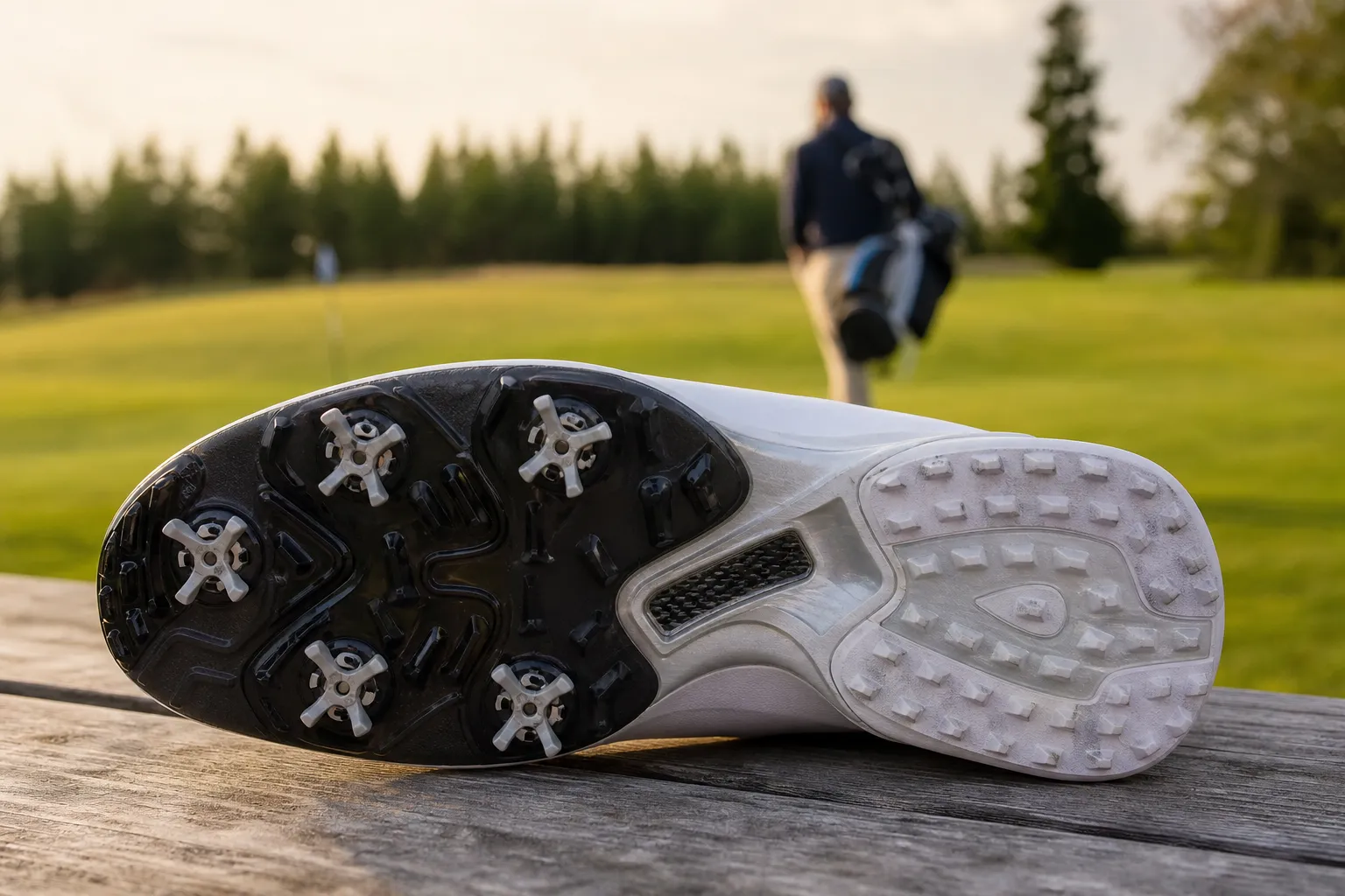 Ett par golfskor i genomskärning med sula som visar både spikfästen och ett spiklöst mönster