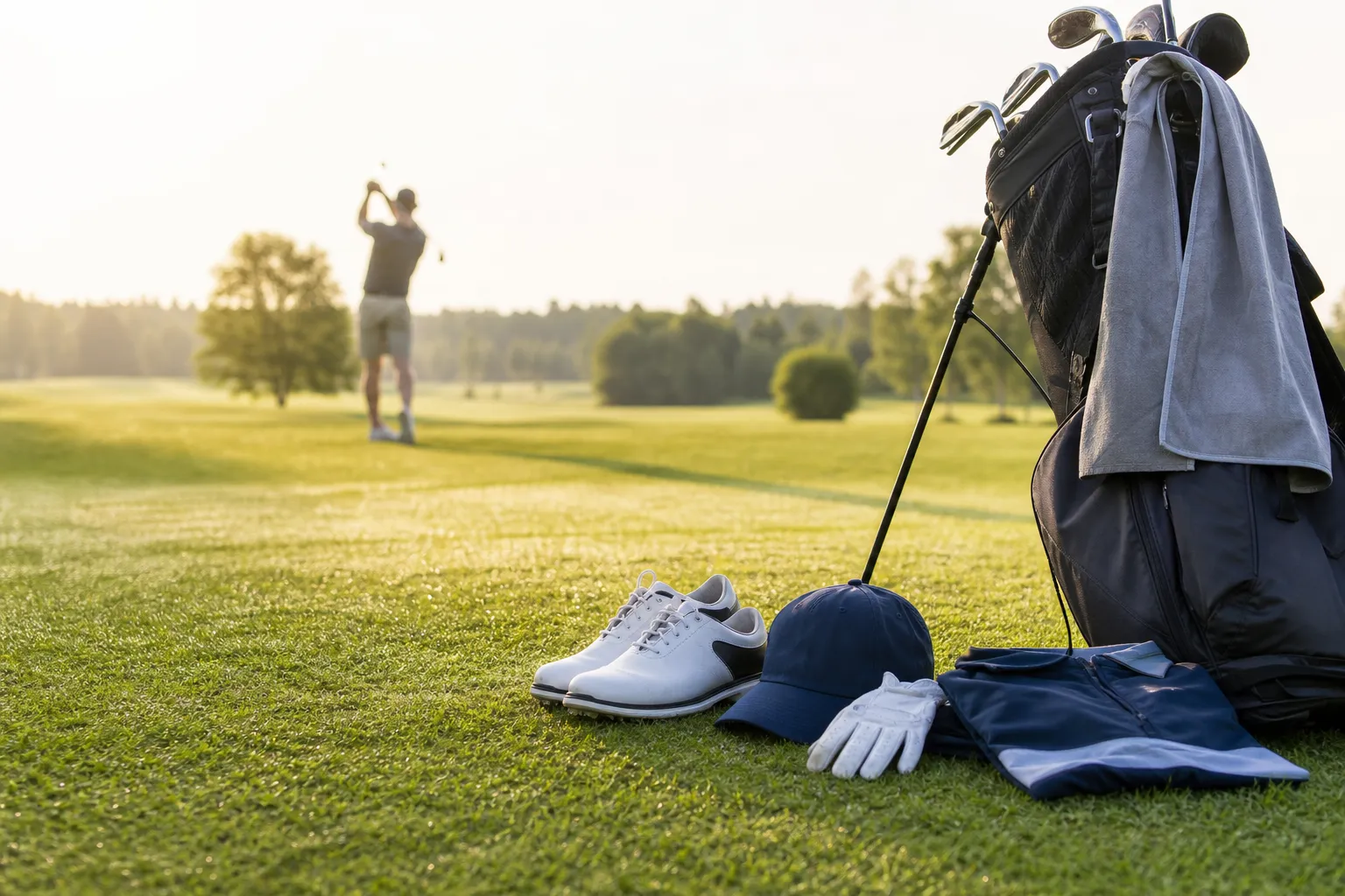Golfkläder, golfskor, keps och handskar upplagda bredvid en golfbag inför en runda