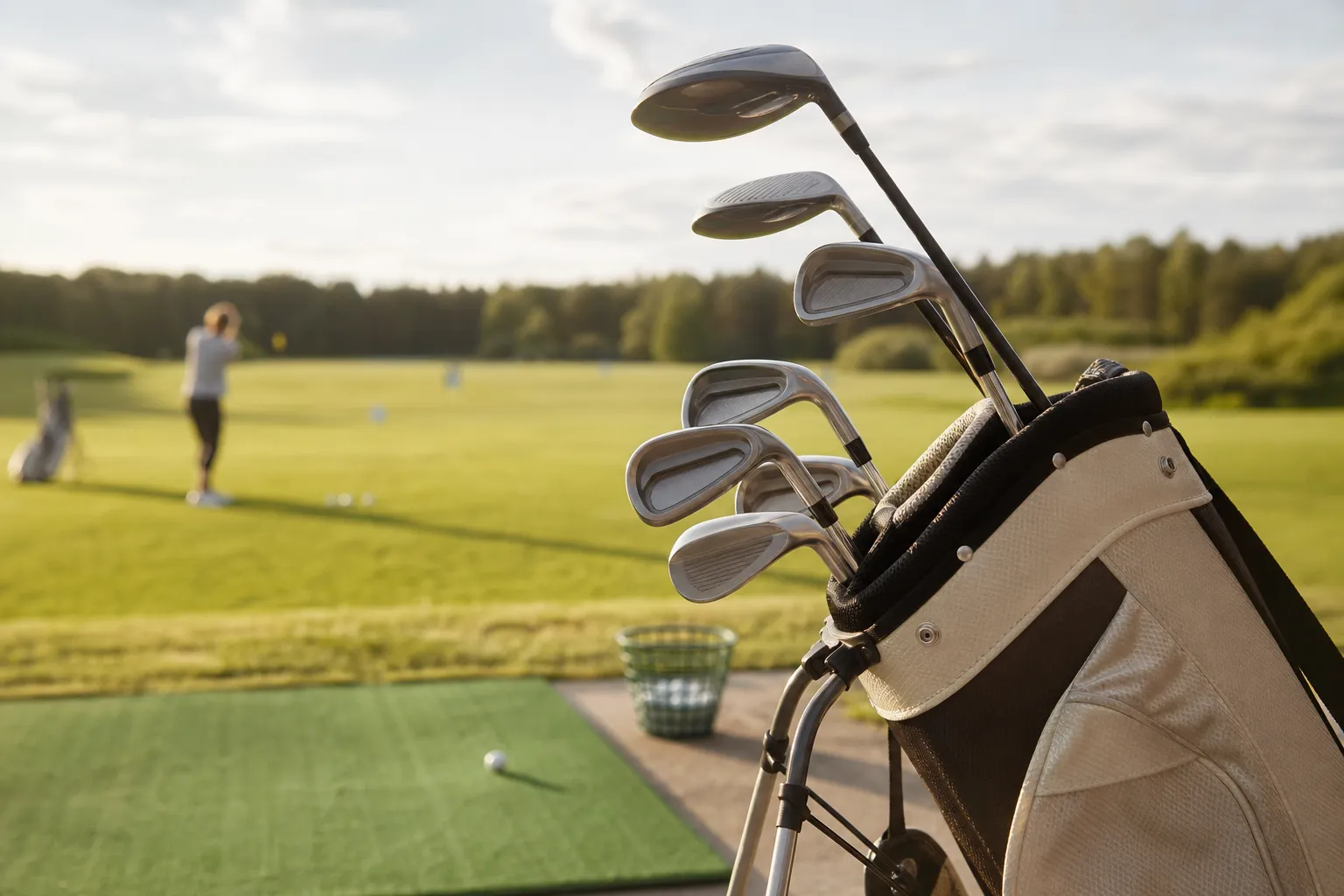 Damklubbor uppradade mot en golfbag på en driving range