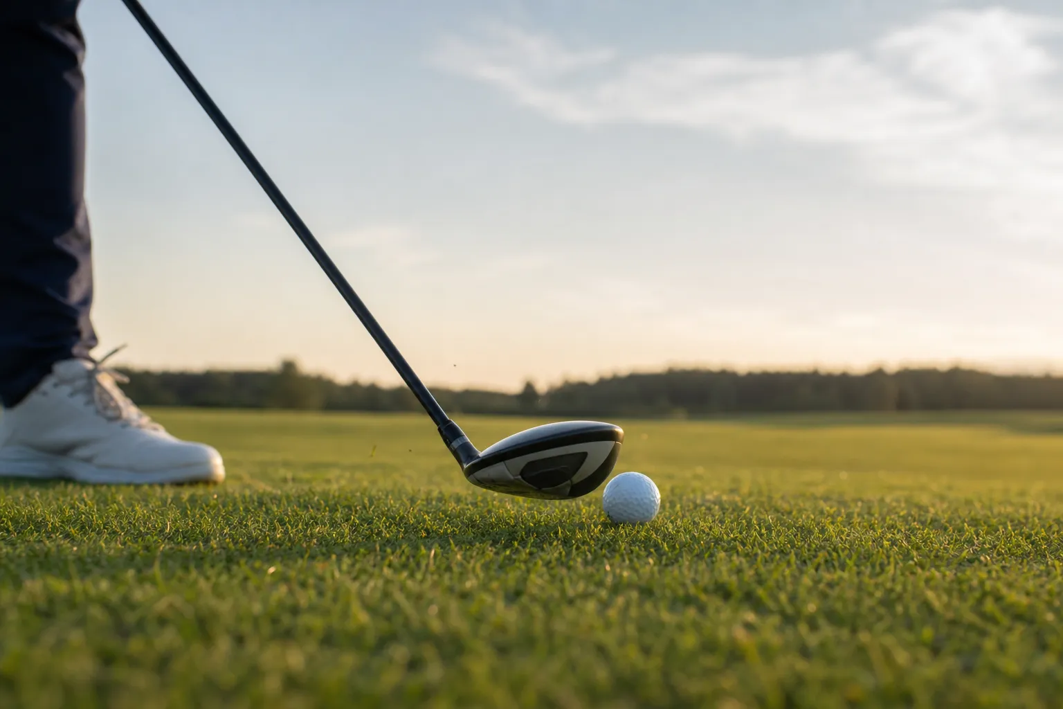 En fairwaywood svingas mot en golfboll som ligger på fairway