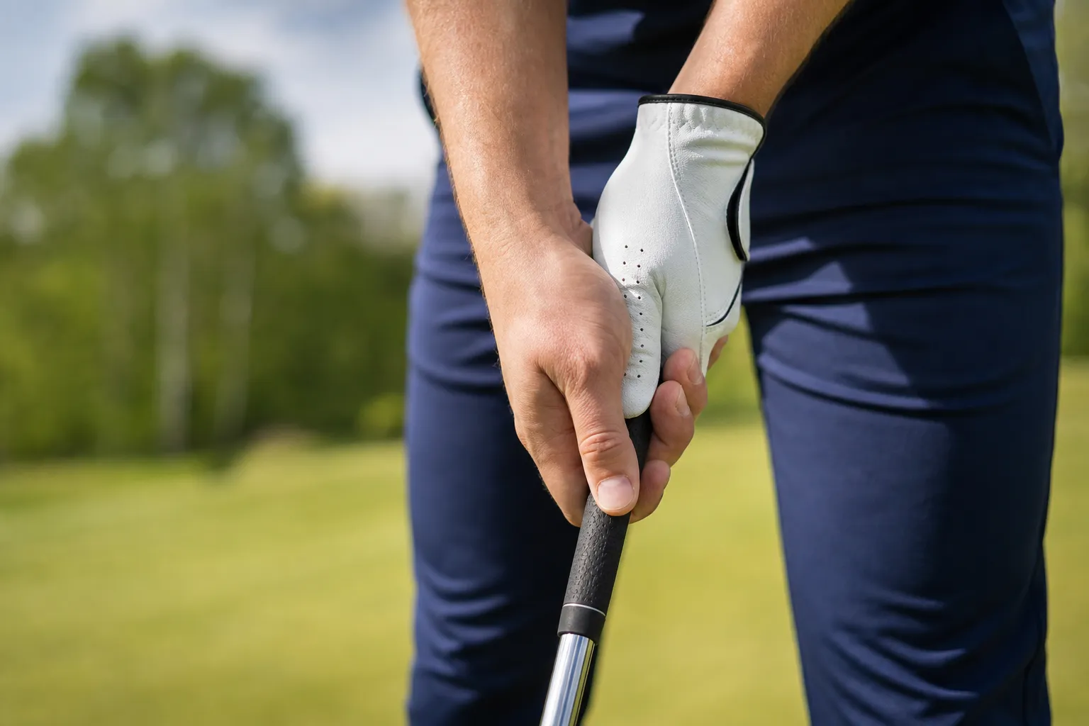 Närbild på ett golfgrepp på en klubba som hålls i en golfares händer