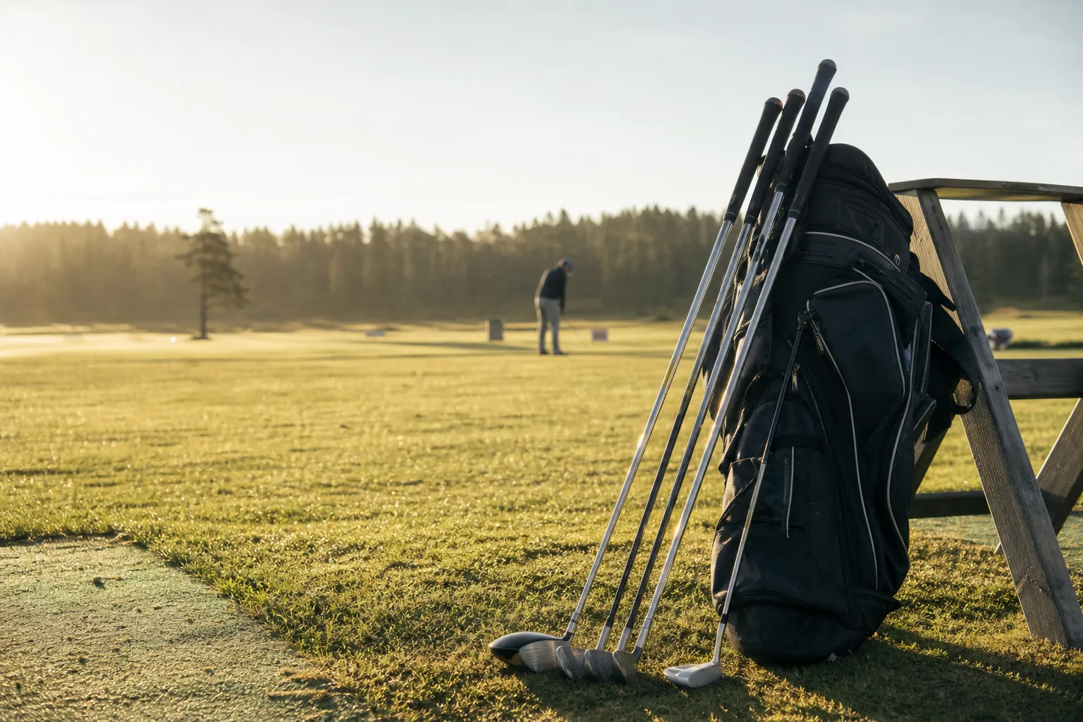 En uppsättning golfklubbor lutade mot en golfbag på en driving range