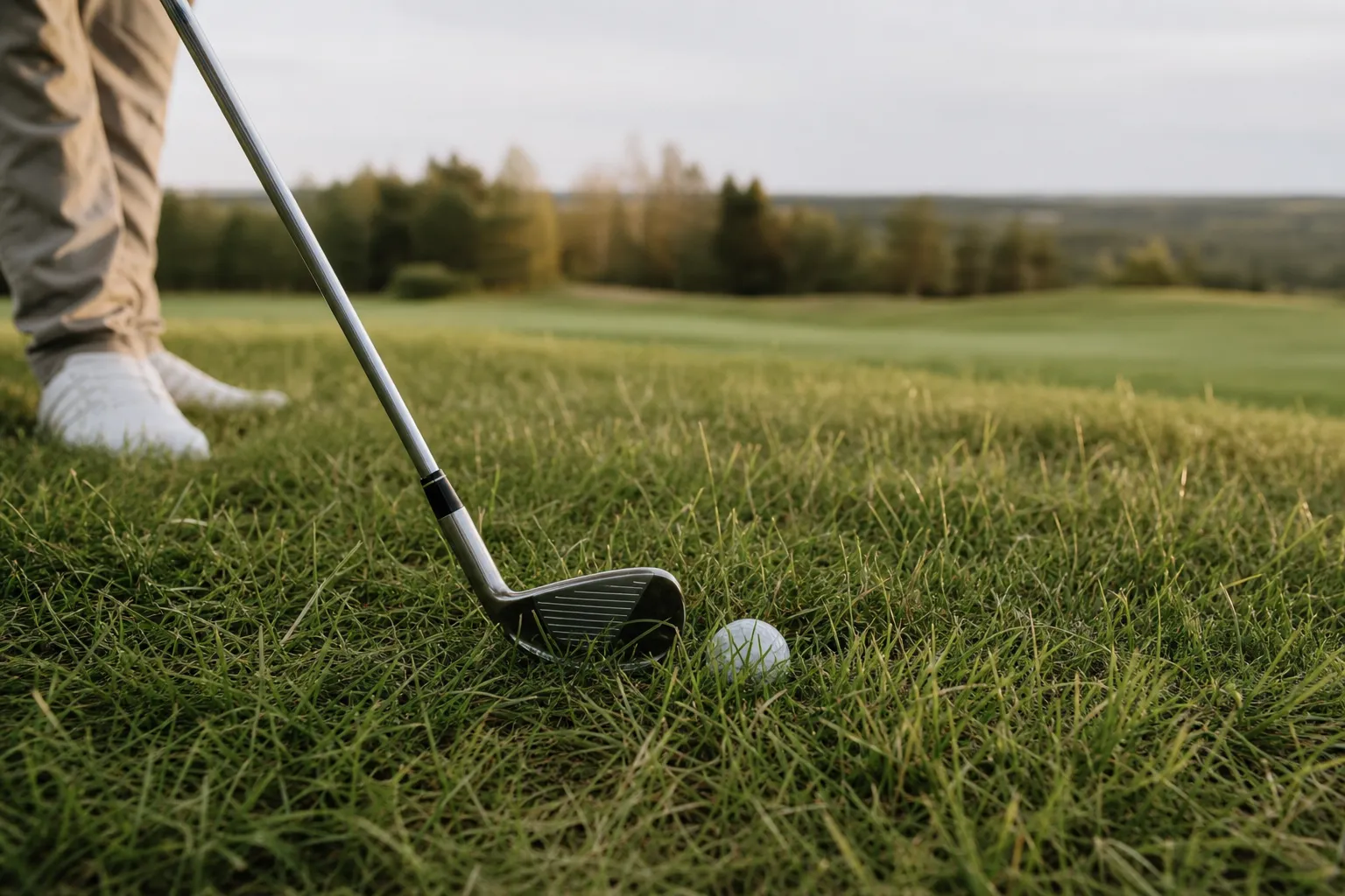 En hybridklubba läggs an mot en golfboll i ruffen på en golfbana