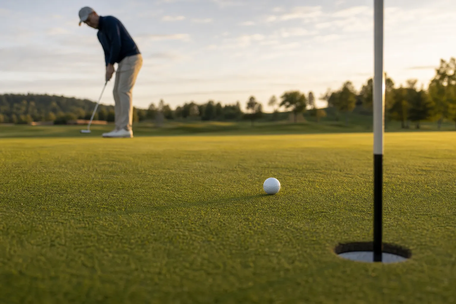 Golfboll som rullar mot hålet på en green, med en putter i förgrunden