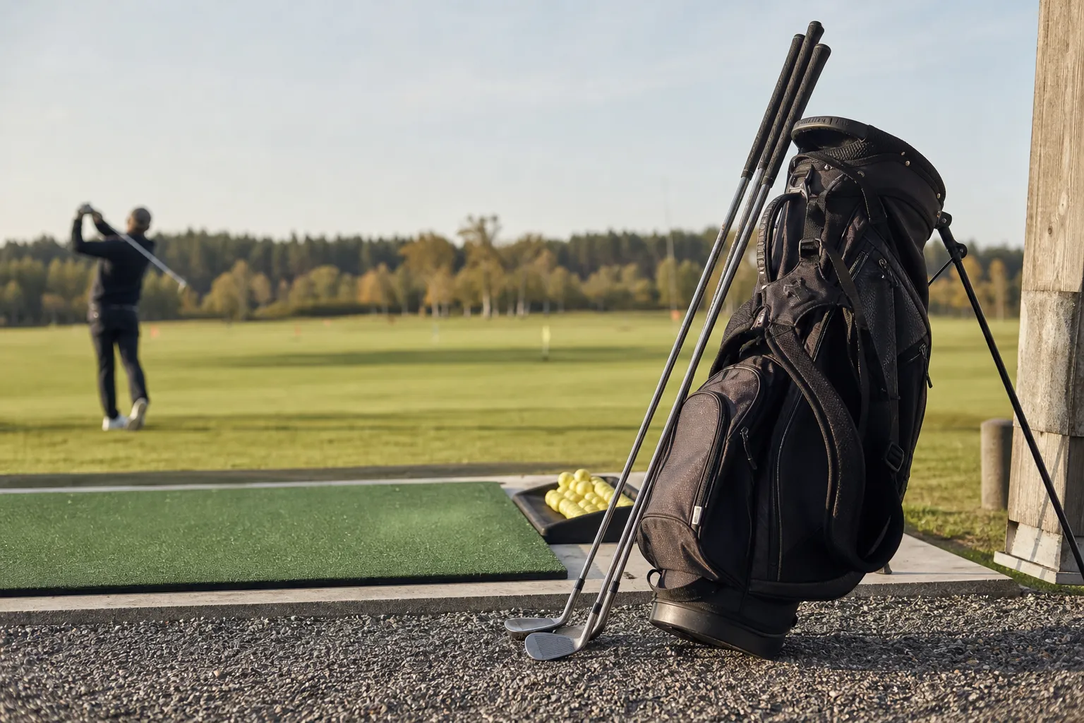 Ett lättviktsset med grafitskaft lutat mot en golfbag på en driving range