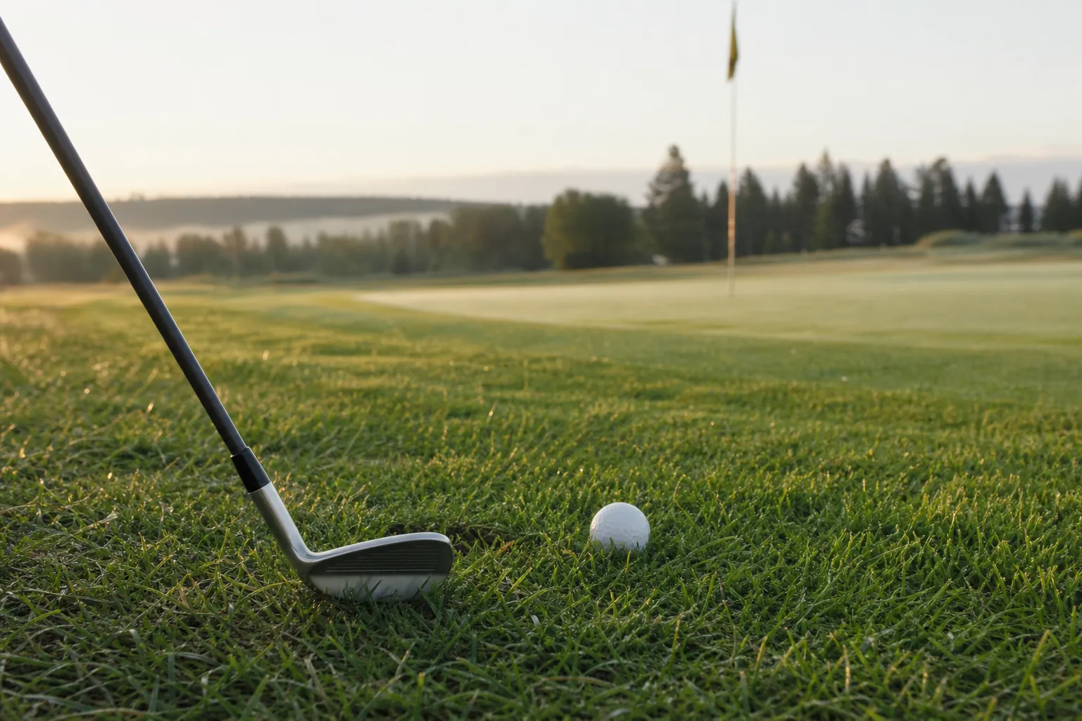 Wedge som ligger i gräset vid en golfbana, redo för närspel runt green