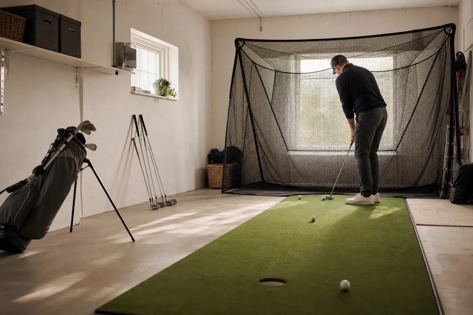 Ett garage inrett för golfträning med puttingmatta, träningsnät och klubbor lutade mot väggen
