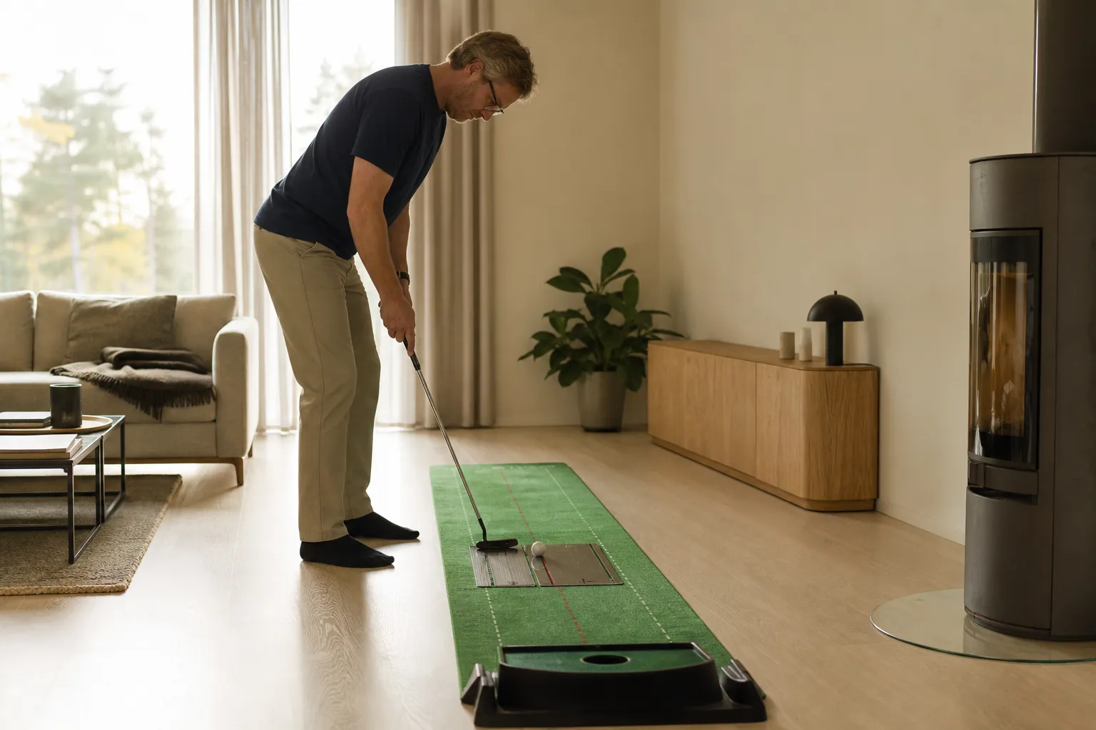 Golfare som övar puttning med en puttspegel och puttmatta i ett vardagsrum