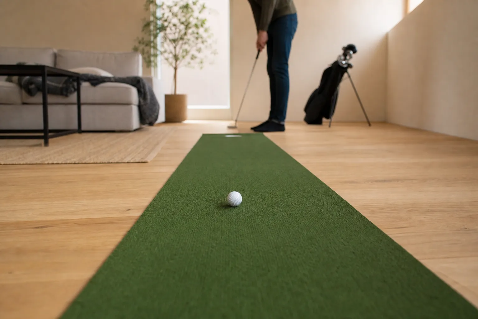 Golfboll som rullar över en puttingmatta mot hålet i andra änden
