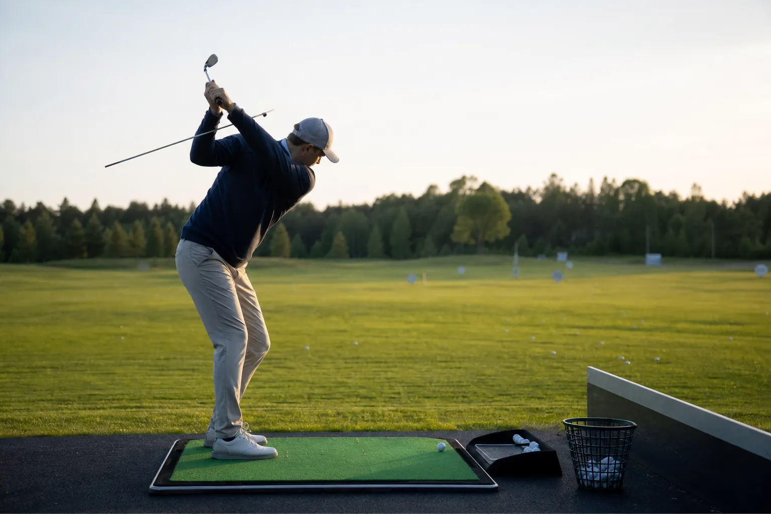 Golfare som övar sving med hjälp av en riktstav på en driving range