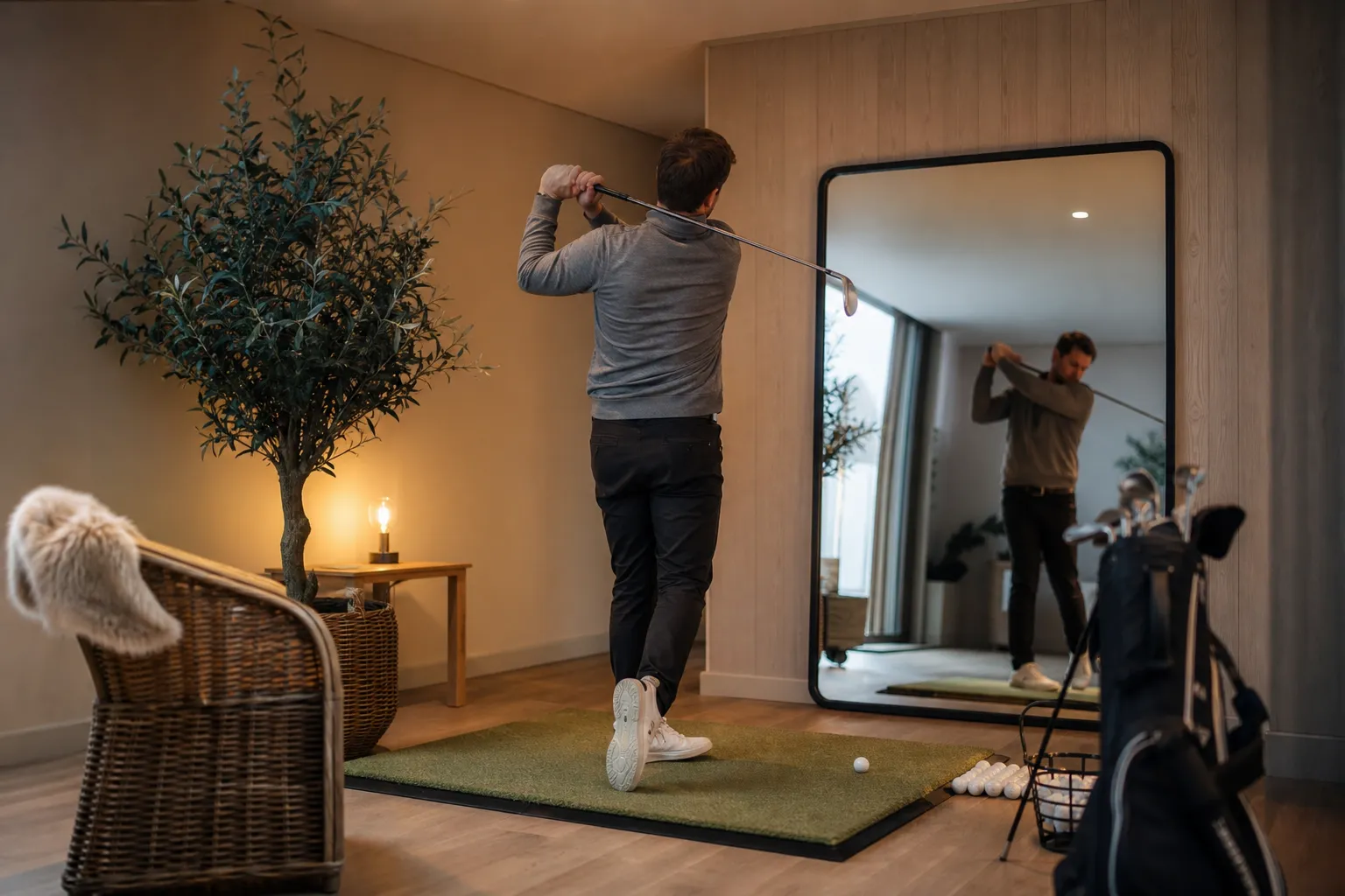 En golfare övar svingen framför en spegel inomhus under vintersäsongen