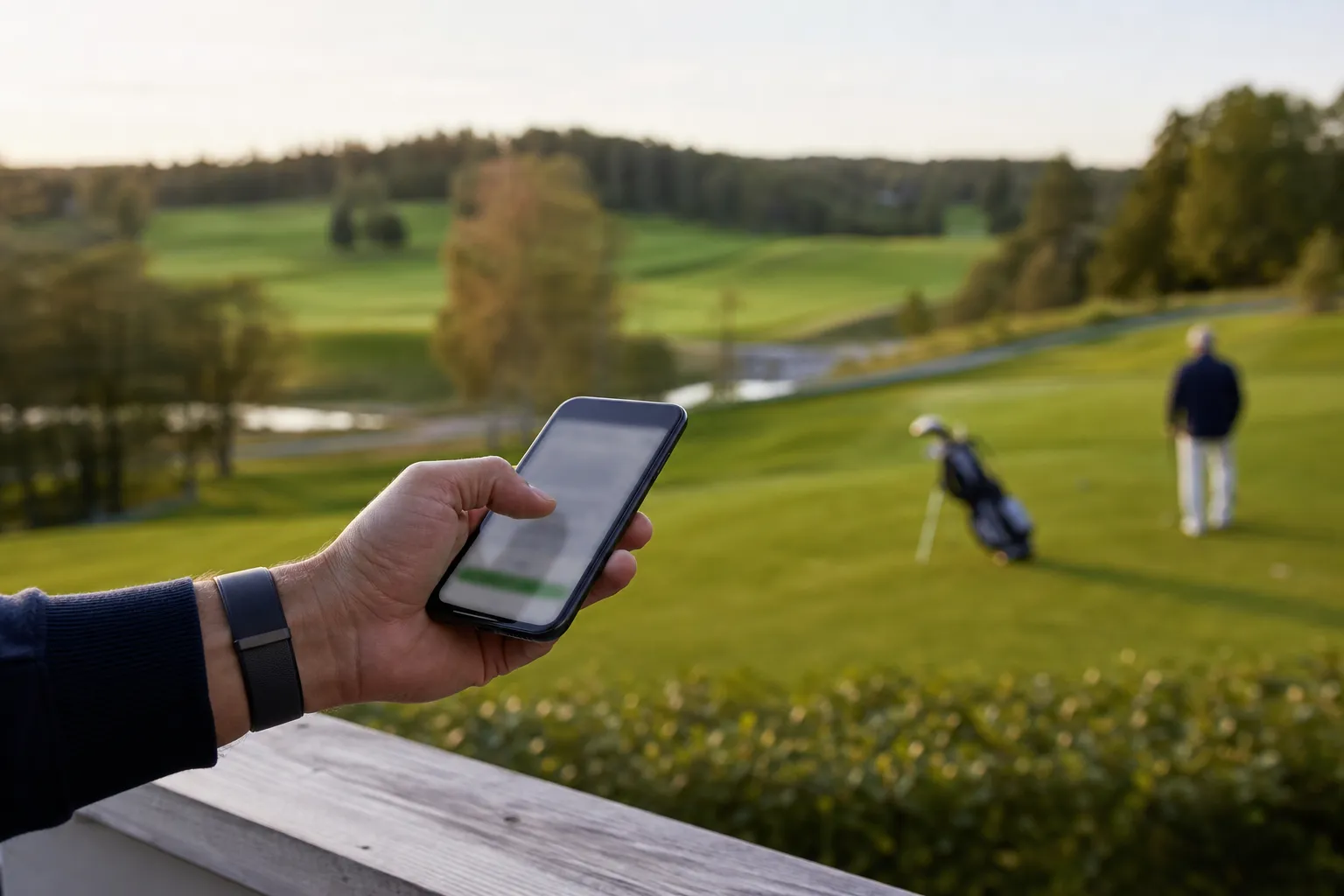 Hand som håller i en mobiltelefon med en bokningsapp för golf, med en golfbana synlig i bakgrunden