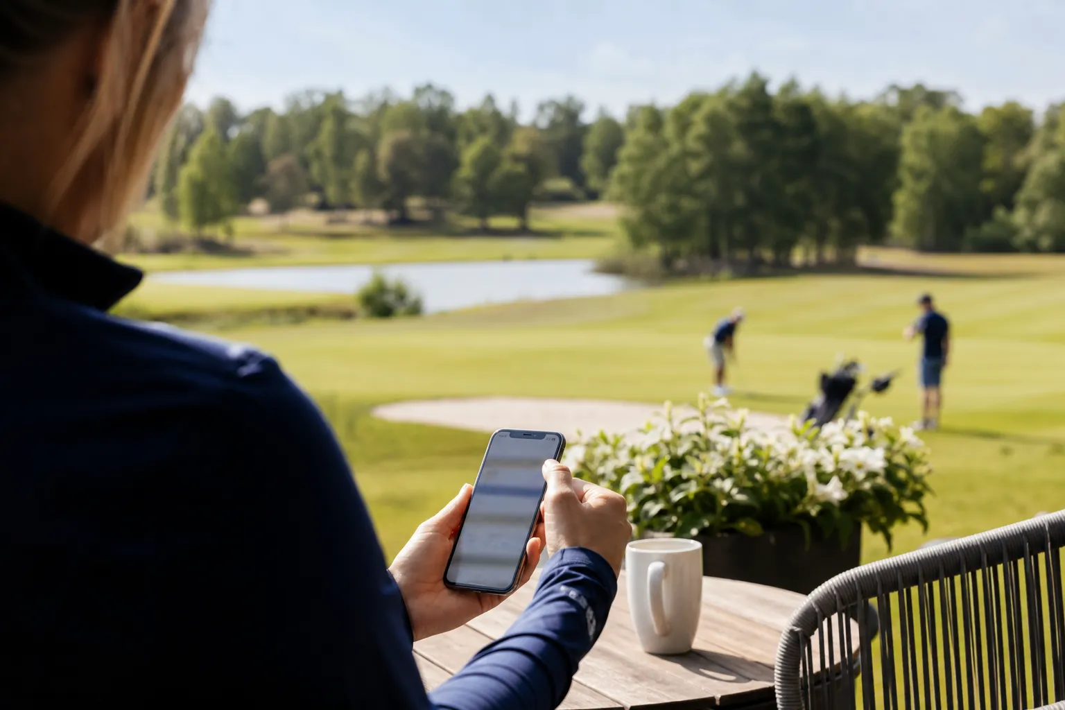 Person som bokar en golftid i en mobilapp med en golfbana synlig i bakgrunden
