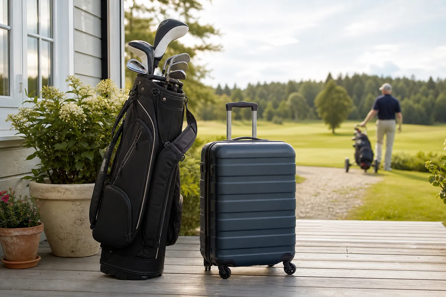 Golfbag och resväska packade bredvid varandra inför en golfresa med boende och greenfee i paket
