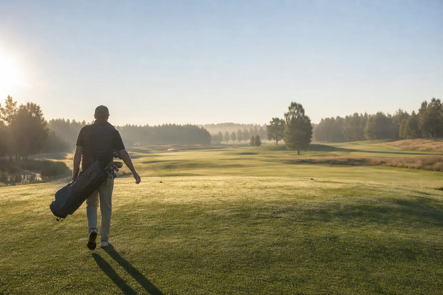 Tom golfbana tidigt en vardagsmorgon med långa skuggor över fairwayn
