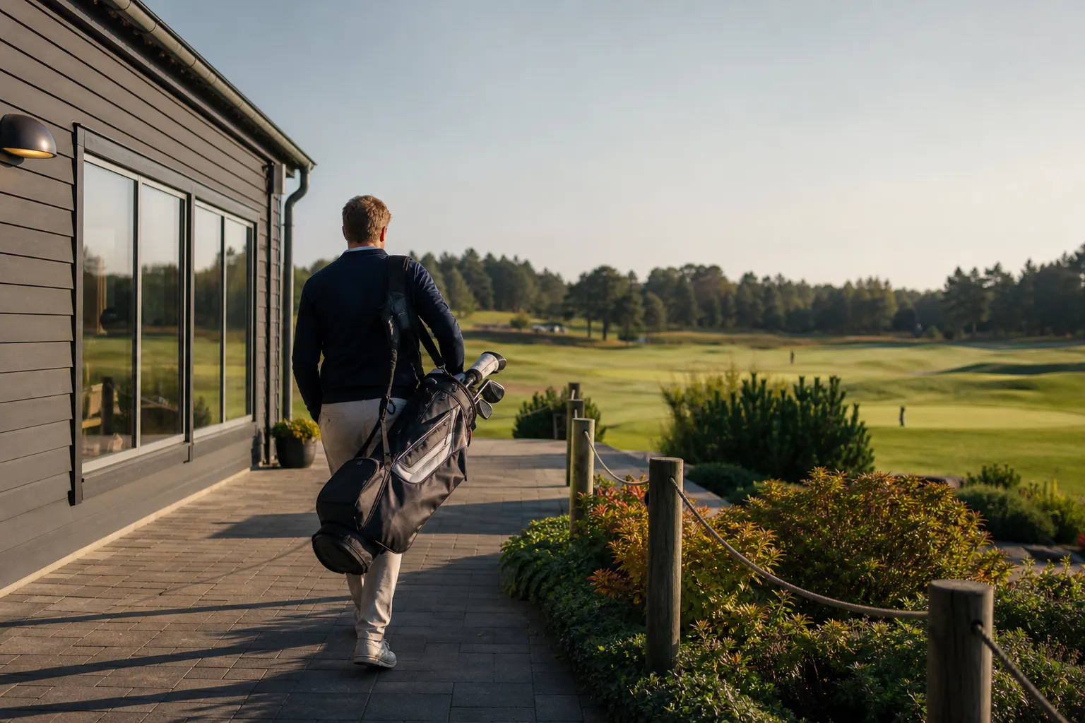 Golfare med bag över axeln på väg mot första tee efter incheckning som gäst