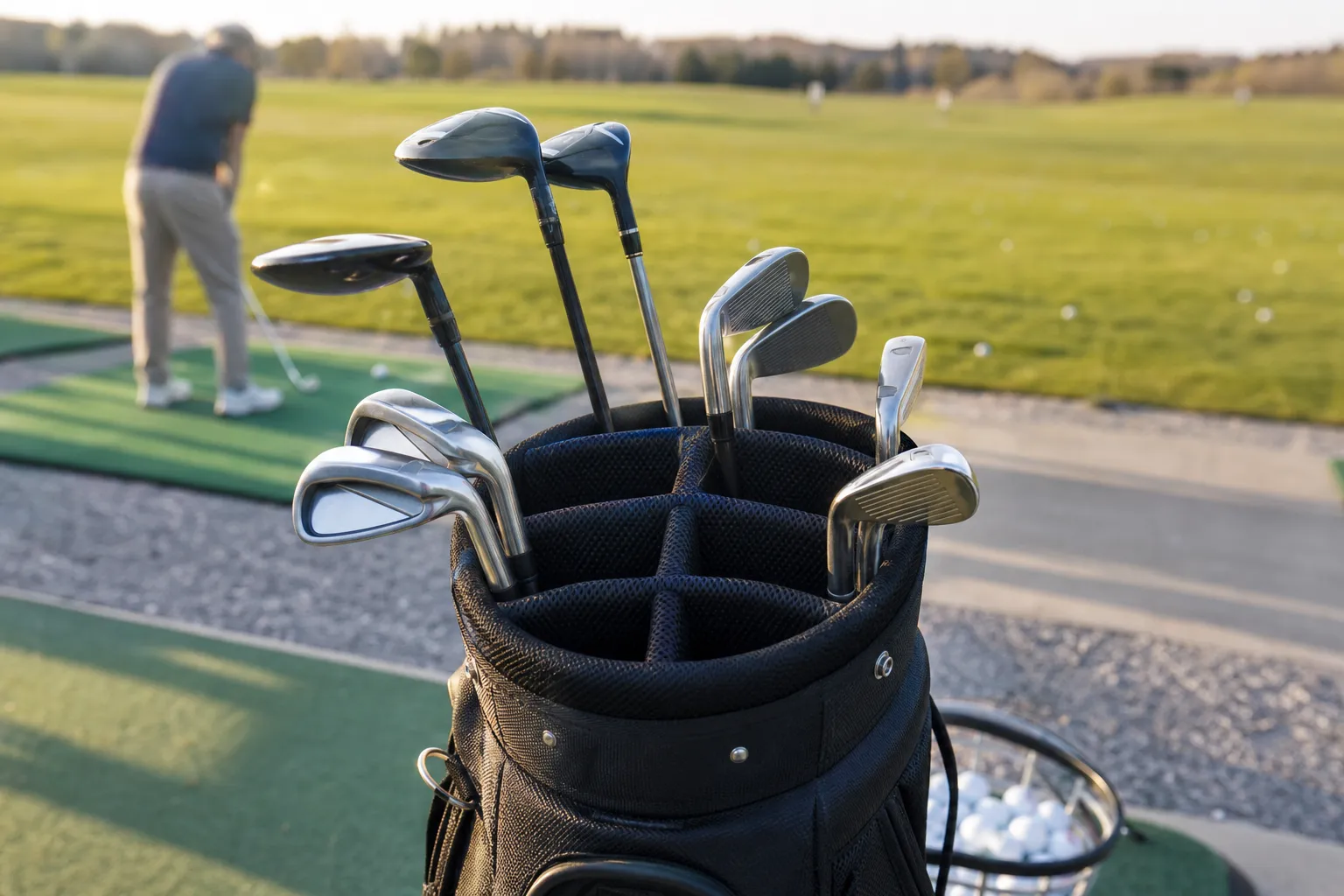 Golfbag med tydligt uppdelade fack där olika klubbtyper är sorterade var för sig