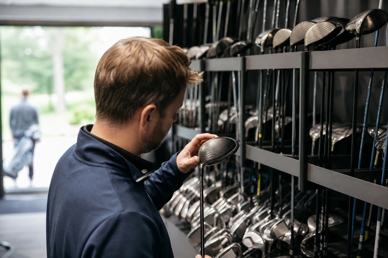 Hylla med begagnade golfklubbor sorterade efter skick i en golfbutik