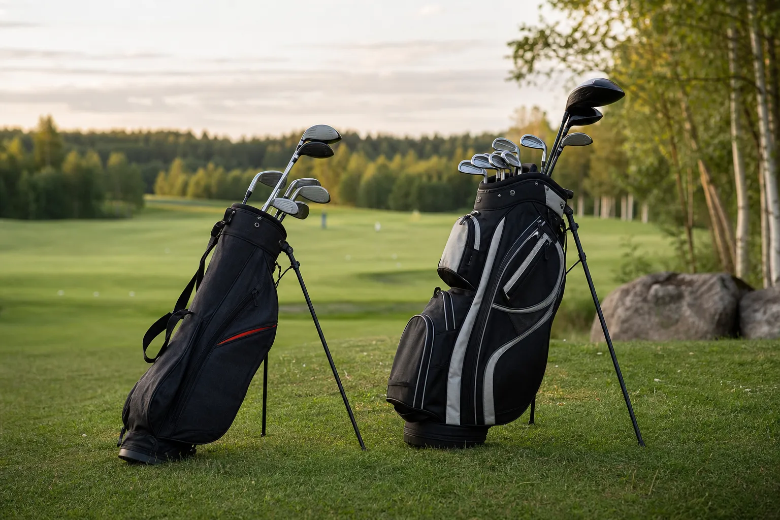Två uppsättningar golfutrustning, en enklare och en mer avancerad, uppradade sida vid sida för jämförelse